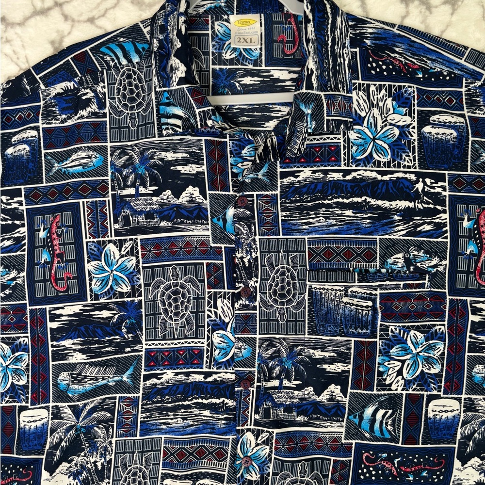 RIMA Hawaiian Shirt Men's XXL Blue Tropical Wildlife Turtles Fish Short Sleeved